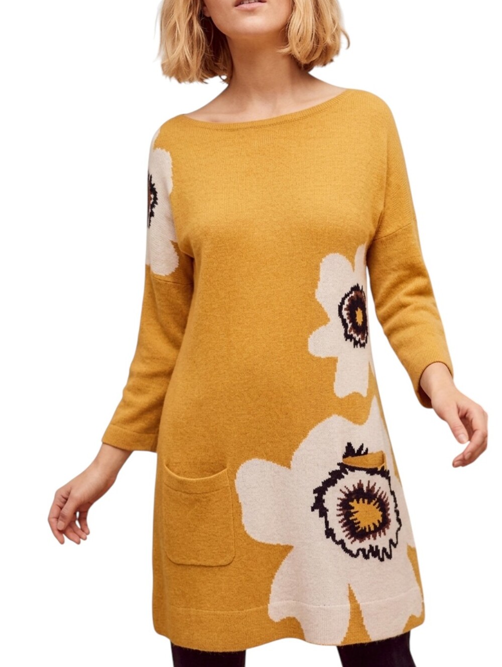 Anthropologie Field Flower Floral Sweater Mino Dress | S | Mustard Yellow Fall